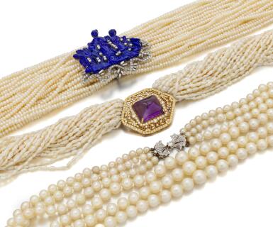 View full screen - View 1 of Lot 143. Cultured pearl, lapis lazuli, amethyst and diamond necklaces (Collane in perle coltivate, lapis lazuli, ametista e diamanti).