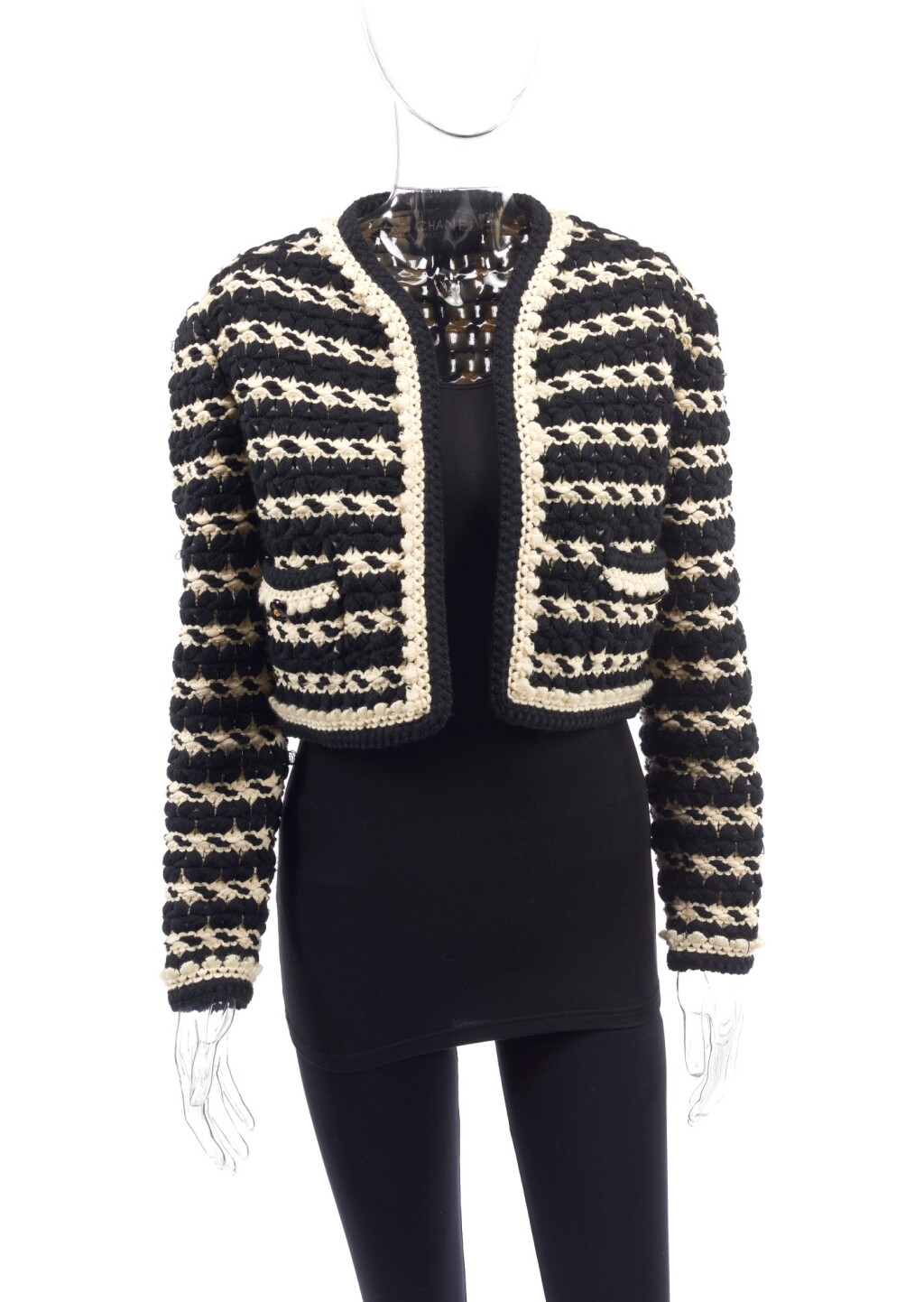 View full screen - View 1 of Lot 91. BLACK AND WHITE KNITTED JACKET, CHANEL.