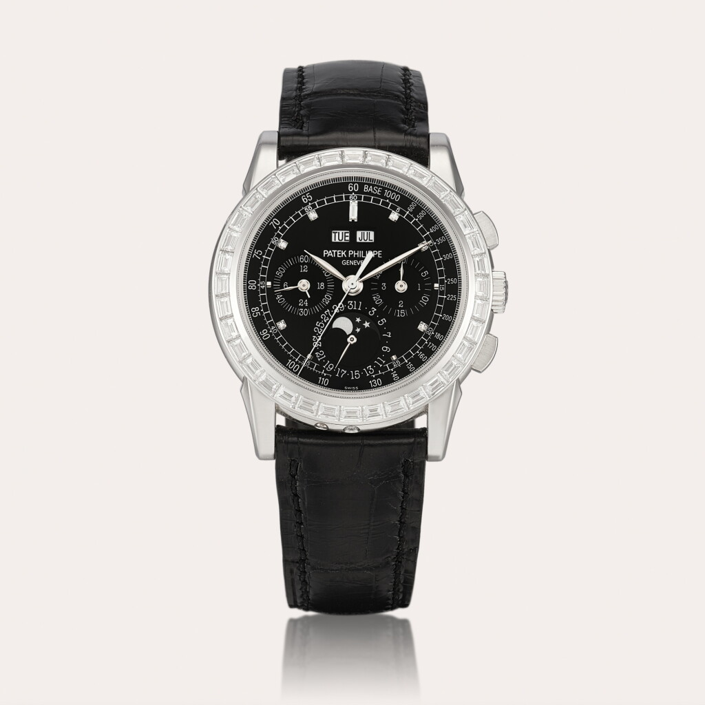 View full screen - View 1 of Lot 2207. Reference 5971 A platinum and diamond-set perpetual calendar chronograph wristwatch with moon phases, 24 hours and leap year indication, Circa 2011 | 百達翡麗 | 型號5971 | 鉑金鑲鑽石萬年曆計時腕錶,備月相、24小時及閏年顯示,約2011年製.