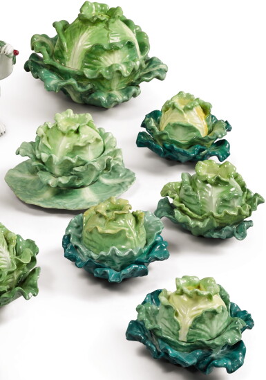 View full screen - View 1 of Lot 157. FOUR PAIRS (JACOB PETIT FACTORY) CABBAGE-FORM PORCELAIN BOXES AND COVERS, CIRCA 1830-1850.