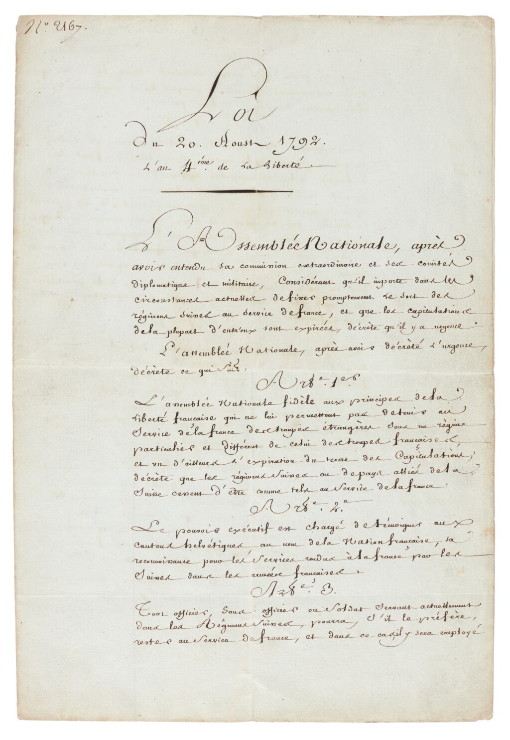 View full screen - View 1 of Lot 28. George Jacques Danton | Document signed, ending the employment of Swiss Regiments in the service of France, 1792.
