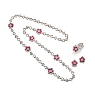 View full screen - View 1 of Lot 1837. RUBY AND DIAMOND PARURE | 紅寶石 配 鑽石 項鏈, 耳環 及 戒指 套裝.
