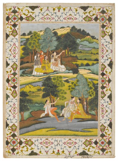 View full screen - View 1 of Lot 146. Ladies enjoying themselves in the countryside, style of Muhammad Faqirullah Khan, India, Provincial Mughal, Farrukhabad, circa 1770-75.