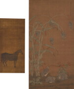 Two paintings depicting animals | (款)陸治《豐稔圖》設色絹本 立軸 及 佚名《仿趙孟頫畫馬圖》水墨絹本 立軸一組兩件