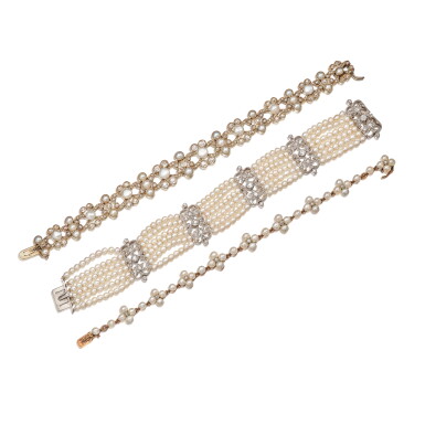View full screen - View 1 of Lot 1717. THREE NATURAL PEARL AND DIAMOND BRACELETS | 天然珍珠 配 鑽石 手鏈三條.