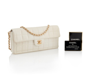 View full screen - View 1 of Lot 36. CHANEL | SQUARE QUILT WHITE LEATHER E/W AND GOLD-TONE METAL FLAP BAG .