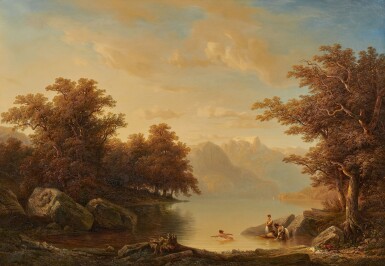 View full screen - View 1 of Lot 101. FRANÇOIS DIDAY | LANDSCAPE WITH A LAKE AND BATHERS, 1850.