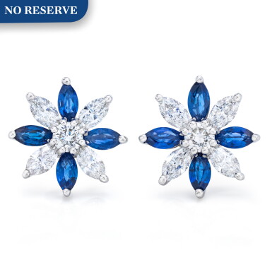 View full screen - View 1 of Lot 60. Pair of Diamond and Sapphire Earrings.