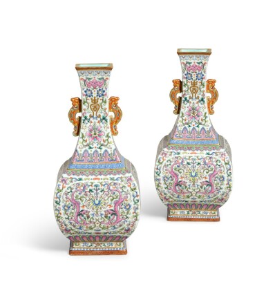View full screen - View 1 of Lot 3652. A fine and rare pair of famille-rose 'longevity' handled vases, Seal marks and period of Qianlong | 清乾隆 粉彩福壽連連䕫龍圖雙耳方瓶一對 《大清乾隆年製》款.
