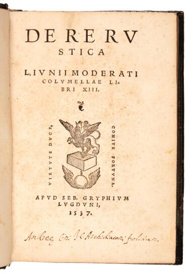 View full screen - View 1 of Lot 92. Columella, De re rustica, Lyon, 1537, contemporary polished black morocco.