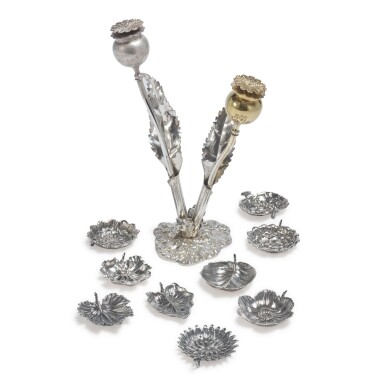 View full screen - View 1 of Lot 909. A SET OF THIRTY-SIX ITALIAN SILVER PLACECARD HOLDERS AND A PARCEL-GILT SALT AND PEPPER SET, BUCCELLATI, MILAN AND BOLOGNA, 20TH CENTURY.