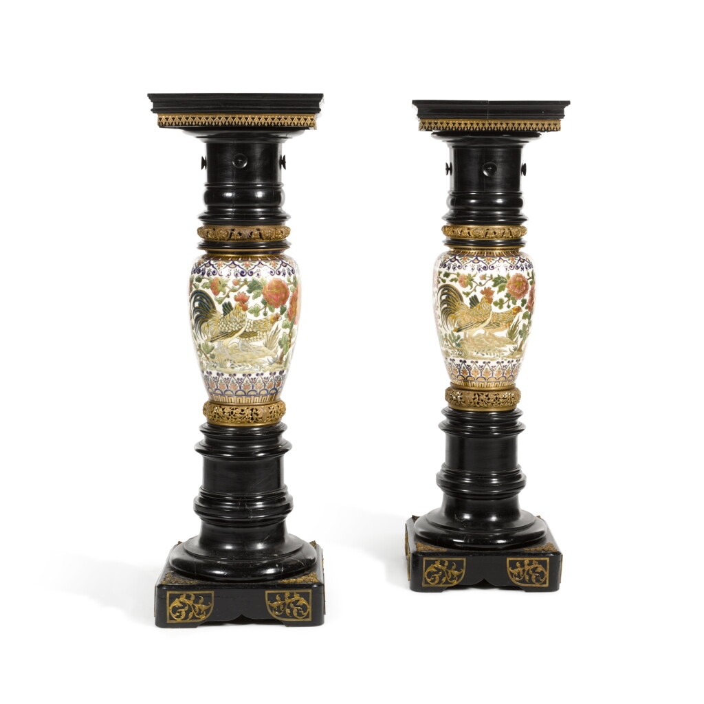 View full screen - View 1 of Lot 123. A pair of ebonized fruitwood and porcelain pedestals, the porcelain by the Zsolnay manufactory, circa 1890 | Paire de gaines en porcelaine et bois noirci, la porcelaine par la manufacture de Zsolnay, vers 1890.