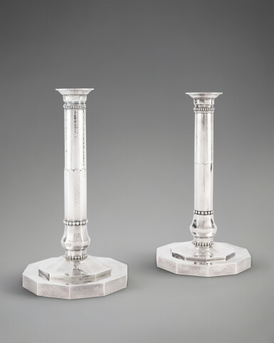 View full screen - View 1 of Lot 402. A Pair of Danish Silver Candlesticks, No. 286, Designed by Johan Rohde for Georg Jensen Silversmithy, Copenhagen, 1945-77.