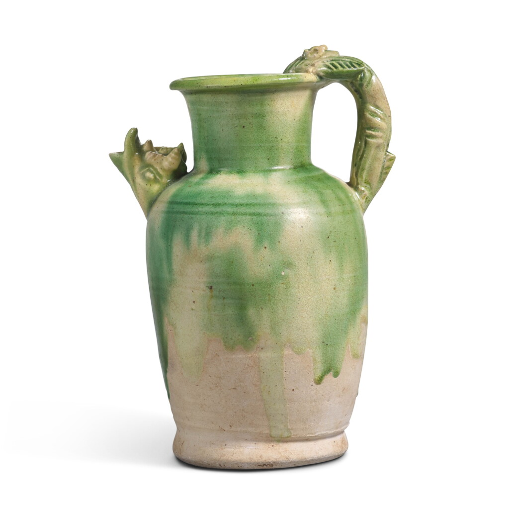 View full screen - View 1 of Lot 6. A rare green-splashed 'dragon' ewer, Tang dynasty.