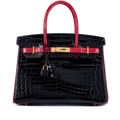 View full screen - View 1 of Lot 637. Black and Rouge Braise Shiny Niloticus Crocodile HSS Birkin 30 Gold Hardware, 2016.