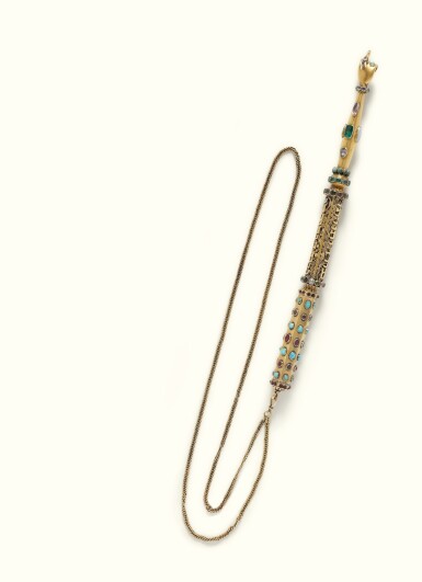 View full screen - View 1 of Lot 21. A LARGE DUTCH SILVER-GILT TORAH POINTER SET WITH JEWELS, HEDDE BUYS, SCHOONHAVEN, 1840-53.