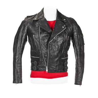 View full screen - View 1 of Lot 209. Freddie Mercury's black leather biker jacket, black vinyl trousers, red T-shirt and red suede shoes, 1980s.