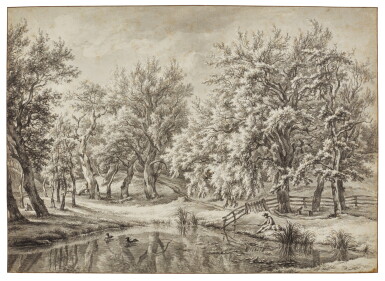 View full screen - View 1 of Lot 59. Wooded landscape at Elswout, with a fisherman and his dog.