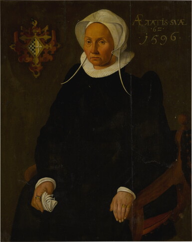View full screen - View 1 of Lot 204. Portrait of a lady, probably from the Van Hekeren family, seated three-quarter length, aged 62.