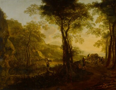 View full screen - View 1 of Lot 44. Italianate landscape at sunset, with travelers on a country road.