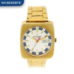 A gold plated and stainless steel cushion shaped wristwatch with day, date and bracelet, Circa 1975