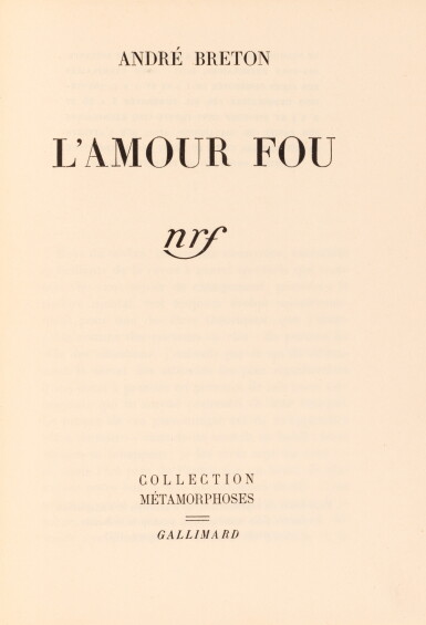 View full screen - View 1 of Lot 77. L'Amour fou, sur papier rose. Édition originale. Reliure et exemplaire de Micheline de Bellefroid..