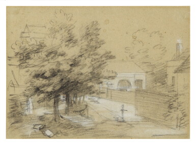View full screen - View 1 of Lot 746. A village scene with trees, a house, stables and a church.