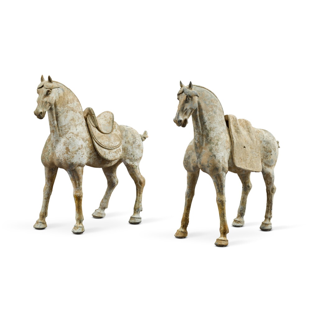 View full screen - View 1 of Lot 294. A pair of large pottery horses, Tang dynasty | 唐 陶馬一對 .