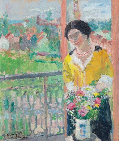 View full screen - View 1 of Lot 148. Femme arrangeant des fleurs devant la fenêtre à Watermael.
