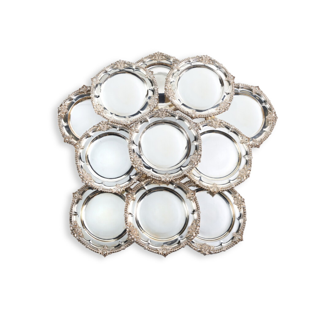 View full screen - View 1 of Lot 204. Royal: A Set of Twelve William IV Silver Dinner Plates, William Bateman, Retailed by Rundell, Bridge & Rundell, London, 1837.