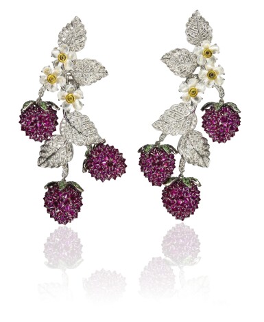 View full screen - View 1 of Lot 3. Pair of gem set and diamond pendent ear clips, 'Fragoline', Michele della Valle.