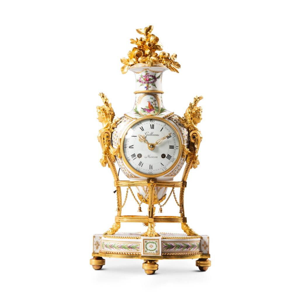 View full screen - View 1 of Lot 571. A Louis XVI pendule vase, circa 1785, the porcelain attributed to Manufacture de Locré, Paris, the dial signed by Guillaume Meuron.