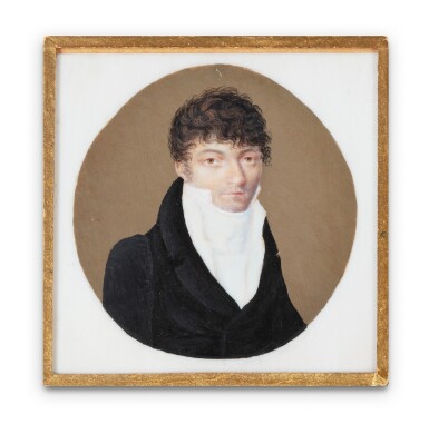 View full screen - View 1 of Lot 43. A French slightly oval miniature on ivory representing a young man, probably Jean-Baptiste-Claude Odiot, Paris, circa 1800 | Miniature légèrement ovale sur ivoire représentant un jeune homme, probablement l'orfèvre Jean-Baptiste-Claude Odiot, Paris, vers 1800.