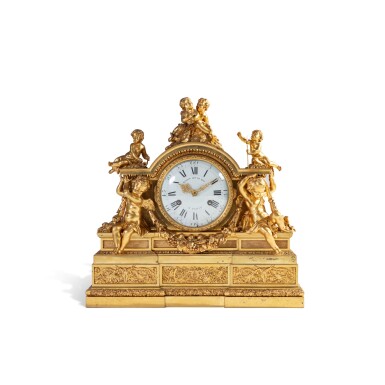 View full screen - View 1 of Lot 37. A French Restauration gilt-bronze mantel clock, the dial by Robin, circa 1820-1830, after Robert Osmond | Pendule aux enfants en bronze doré d'époque Restauration, le cadran par Robin, vers 1820-1830, d'après Robert Osmond.