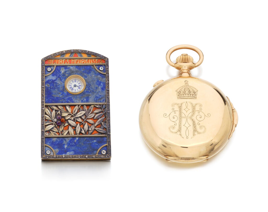 View full screen - View 1 of Lot 1091. Minute repeating chronograph watch, circa 1911, an Omega half hunting cased watch and two desk time pieces.