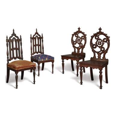 View full screen - View 1 of Lot 750. A PAIR OF WALNUT NEO-GOTHIC SIDE CHAIRS TOGETHER WITH A PAIR OF WALNUT NEO-GOTHIC HALL CHAIRS, 19TH CENTURY.