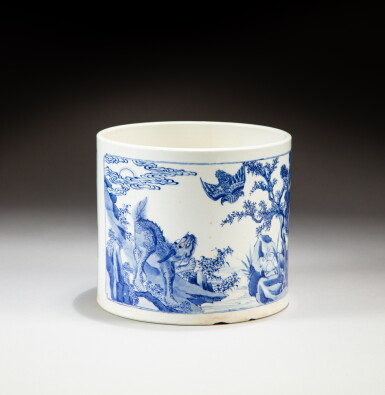 View full screen - View 1 of Lot 132. A blue and white 'qilin and deer' brushpot, Qing dynasty, Kangxi period | 清康熙 青花麒麟鹿圖筆筒.