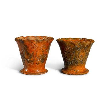 View full screen - View 1 of Lot 364. Pair of Sgraffito Red Earthenware Miniature Flowerpots, Southeastern Pennsylvania, 19th Century.