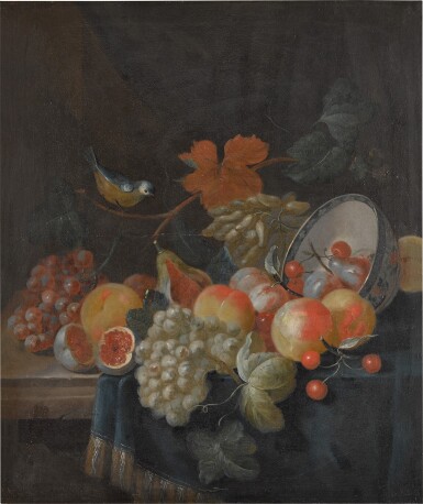 View full screen - View 1 of Lot 130. CHARLES COLLINS | STILL LIFE WITH GRAPES, PEACHES, PLUMS AND OTHER FRUIT, A PORCELAIN BOWL, AND A BLUE TIT, ALL ON A DRAPED TABLE.
