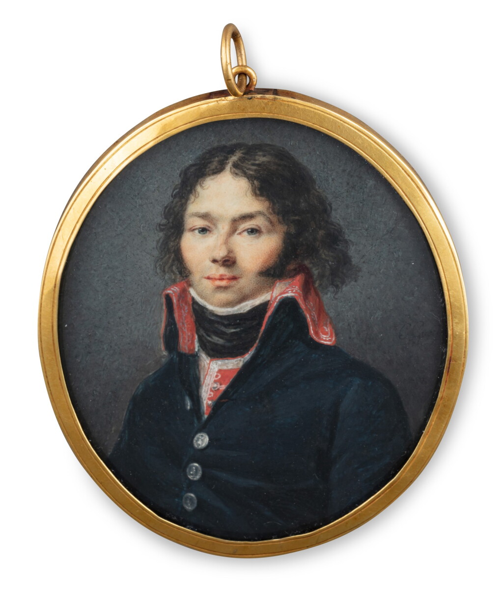 View full screen - View 1 of Lot 29. A French oval miniature on ivory representing a young officer, Christophe Guérin, circa 1800 | Miniature ovale sur ivoire représentant un jeune officier, Christophe Guérin, France, vers 1800.