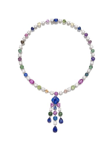 View full screen - View 1 of Lot 1642. GRAFF | SAPPHIRE, COLOURED SAPPHIRE AND DIAMOND PENDENT NECKLACE | 格拉夫 | 藍寶石 配 彩色剛玉 及 鑽石 項鏈.