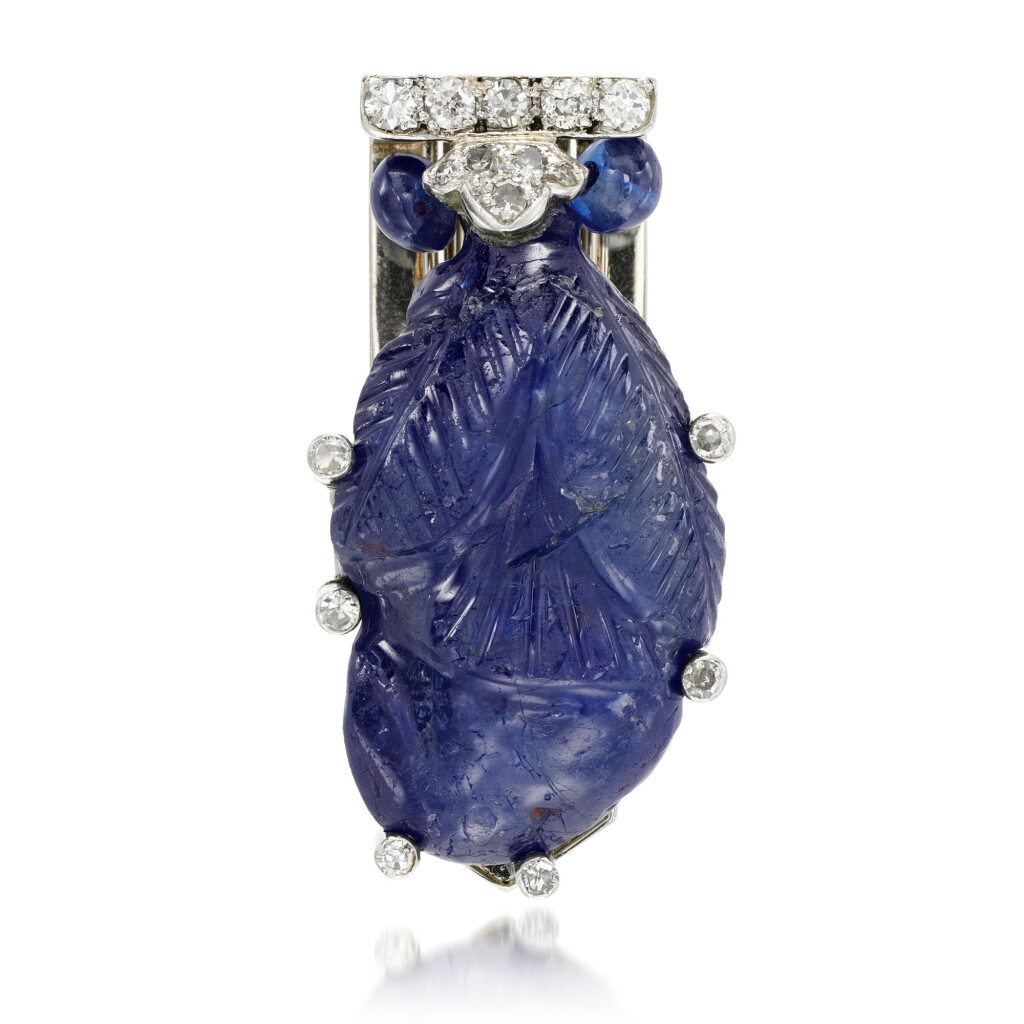 View full screen - View 1 of Lot 24. Sapphire and diamond clip brooch, 1930s.