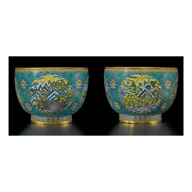 View full screen - View 1 of Lot 260. A pair of cloisonné enamel jardinieres, Qing dynasty, early 19th century | 清十九世紀初 銅胎掐絲琺瑯開光山水圖花盆一對.