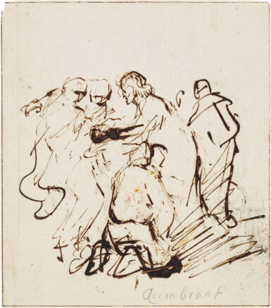 View full screen - View 1 of Lot 217. REMBRANDT SCHOOL | STUDY OF A GROUP OF FIVE MEN, POSSIBLY CHRIST WITH APOSTLES.