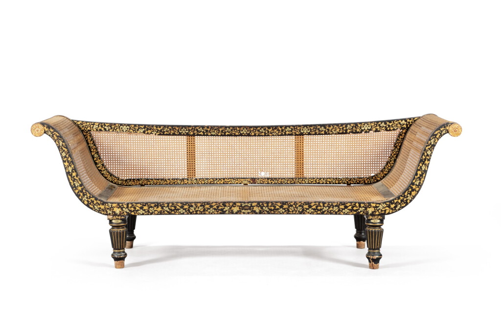 View full screen - View 1 of Lot 199. A black painted and parcel gilt-wood bench, England, circa 1850 .