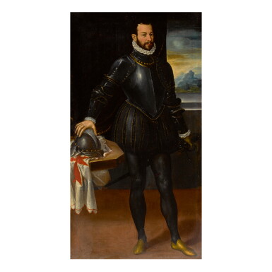 View full screen - View 1 of Lot 67. BOLOGNESE SCHOOL, 16TH CENTURY | PORTRAIT OF A KNIGHT OF MALTA, FULL LENGTH, IN ARMOR STANDING BESIDE A TABLE WITH HIS HELMET AND STANDARD, BEFORE A WINDOW.