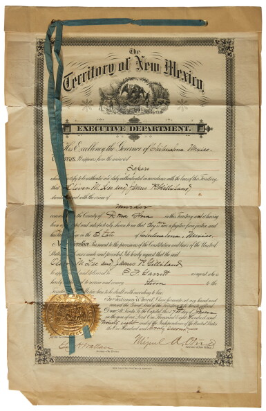 View full screen - View 1 of Lot 2116. Garrett, Pat. Two documents signed April and 1 June 1898, relating to the murders of Albert J. Fountain.