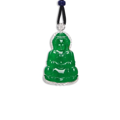 View full screen - View 1 of Lot 1666. JADEITE AND DIAMOND PENDENT NECKLACE 天然翡翠雕「觀音」配 鑽石 項鏈.