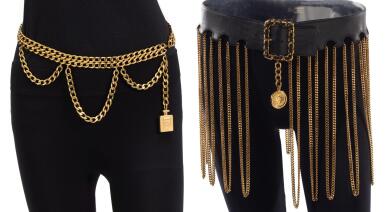 View full screen - View 1 of Lot 108. Two Black Leather and Gold Metal Chain Belts, Circa 1980's (Due cinture in pelle nera e catene, 1980 circa).