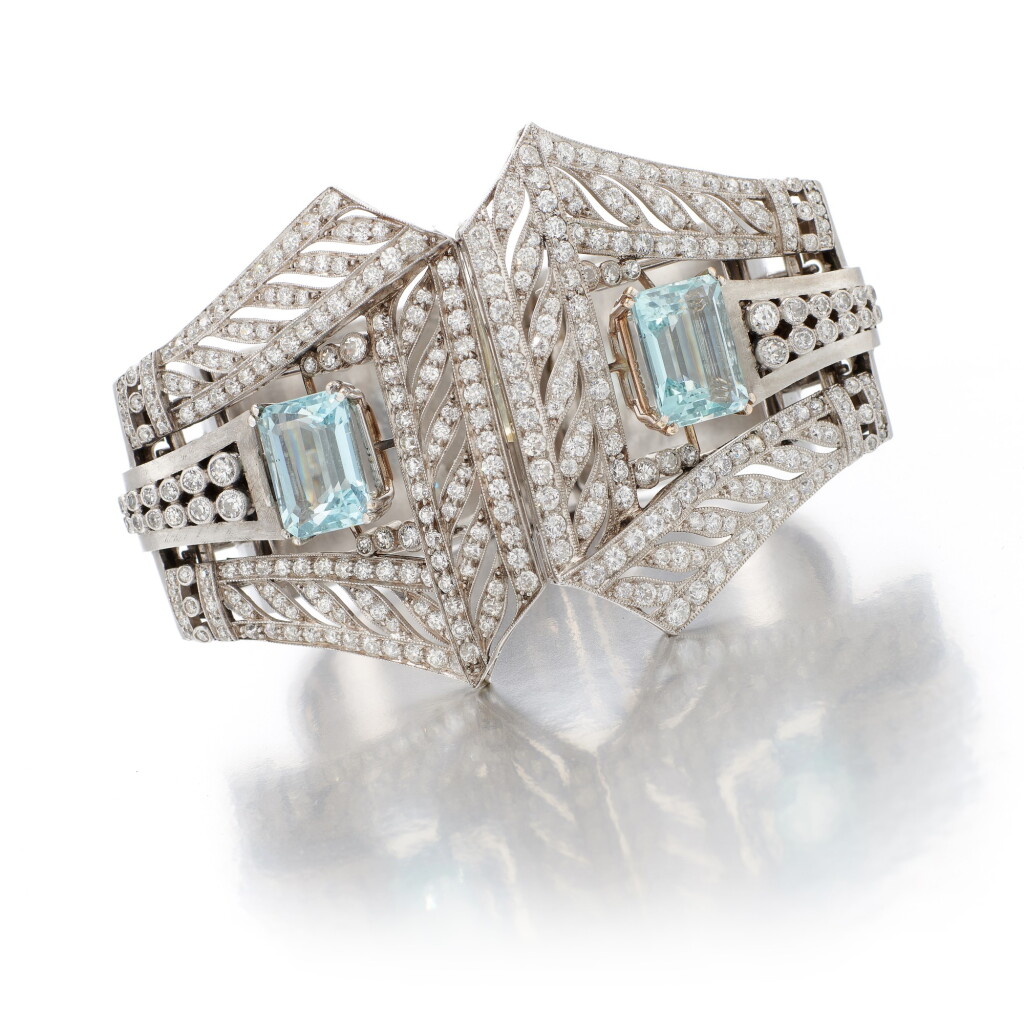 View full screen - View 1 of Lot 36. AQUAMARINE AND DIAMOND BRACELET (BRACCIALE CON ACQUAMARINE E DIAMANTI).
